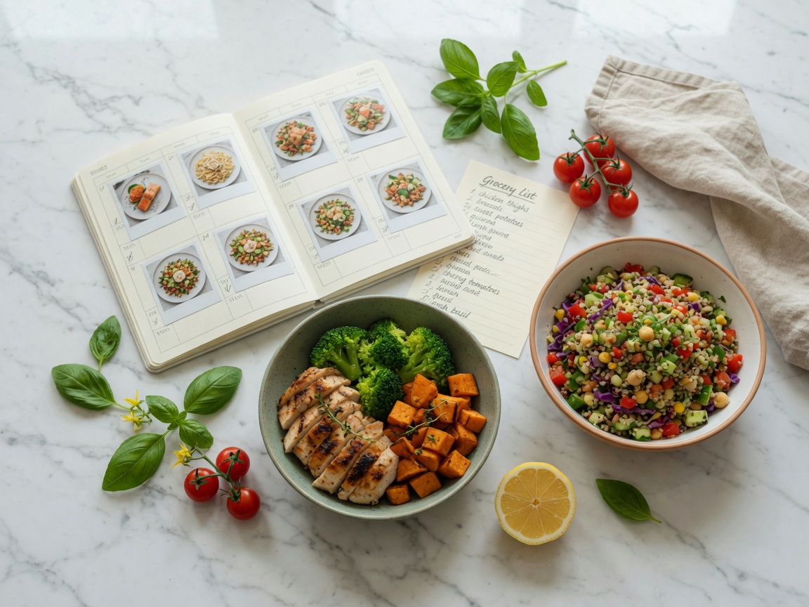Weekly meal plan with home-cooked meals and a grocery list